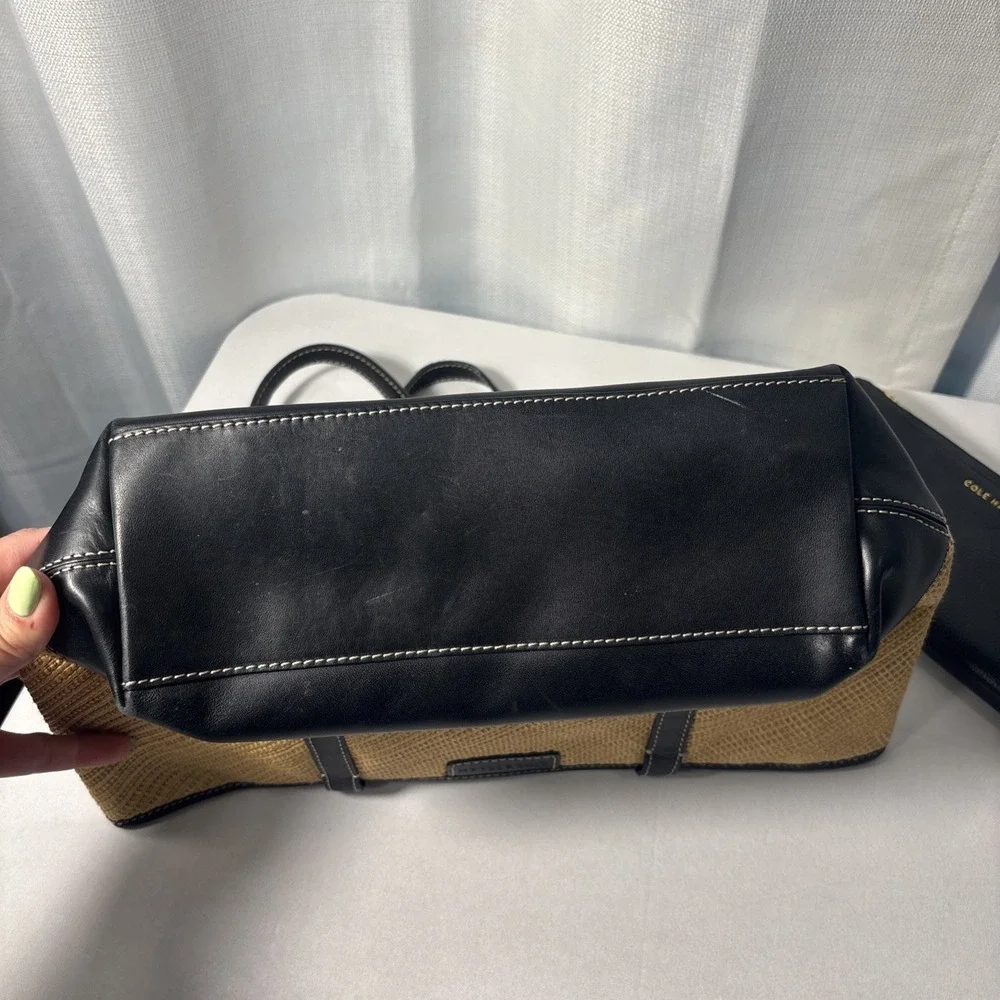 Cole Haan Purse & Wallet Woven Straw Black Faux Leather Shoulder Floral Accents